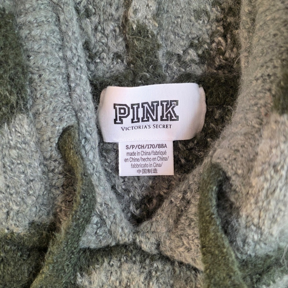 PINK Victoria's Secret Hoodie Women Small Green Camo Excellent Teddy Fleece - Picture 2 of 8